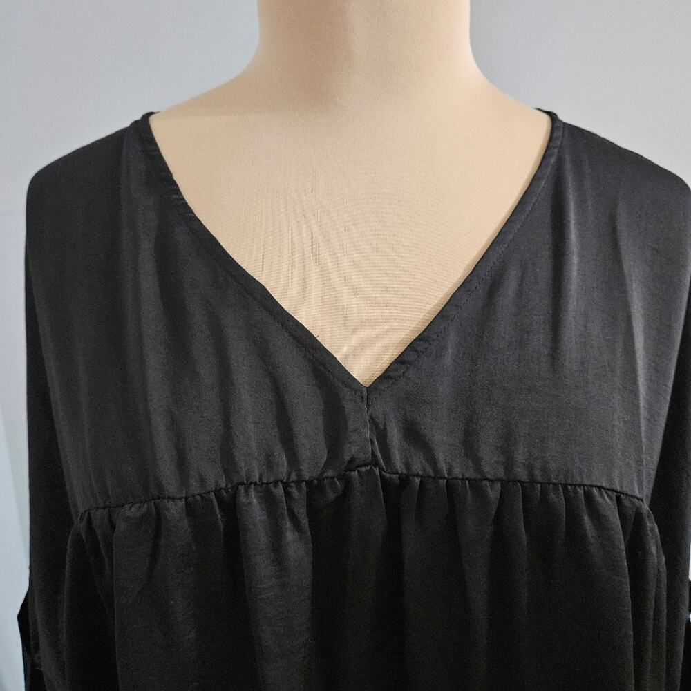 Glam Women Black Satin V-Neck Babydoll Blouse High-Low Cuffed Sleeve Top L - Picture 5 of 13